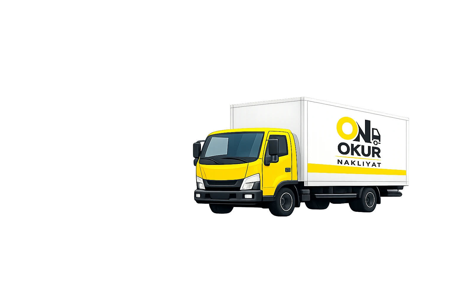 Okur Nakliyat'ın evden eve nakliyat taşımalarında kullandığı, kasasında Okur Nakliyat logosu bulunan sarı kabinli kamyon
